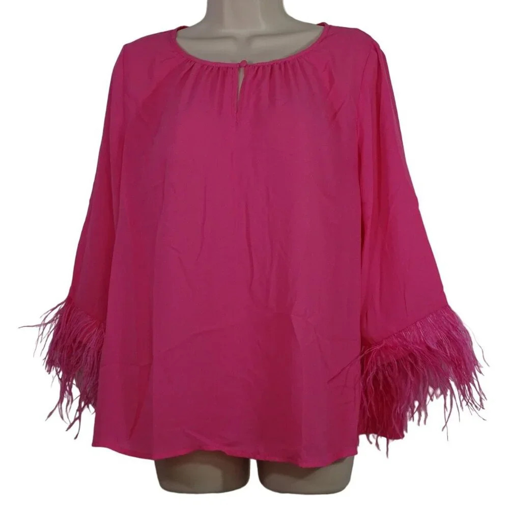 Cato Women Size M Pink Fuchsia Feather Trim Long Sleeve Blouse Shirt Keyhole